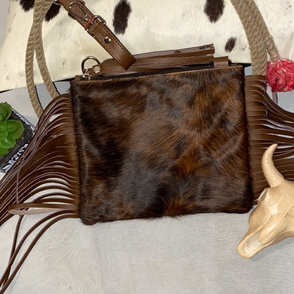 Hand Crafted Handbags - New Handmade Real Cowhide Leather Crossbody Purse Handbag Hair On With Fringes